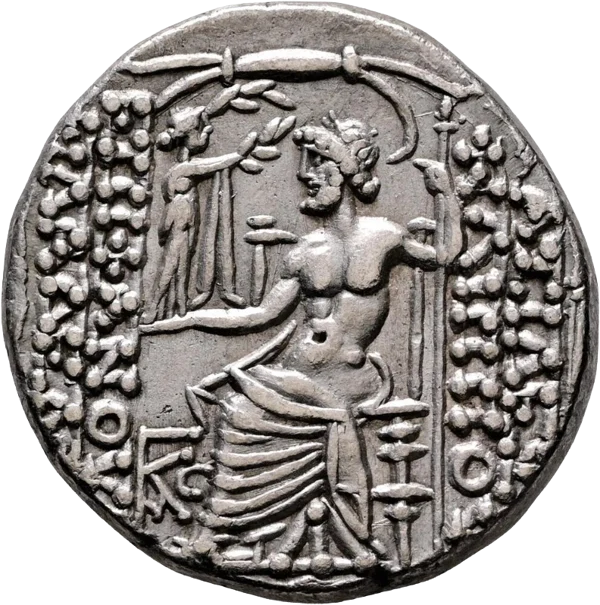 Vorder- und Rückseite einer antiken Silber-Tetradrachme mit Herrscherporträt und thronendem Zeus