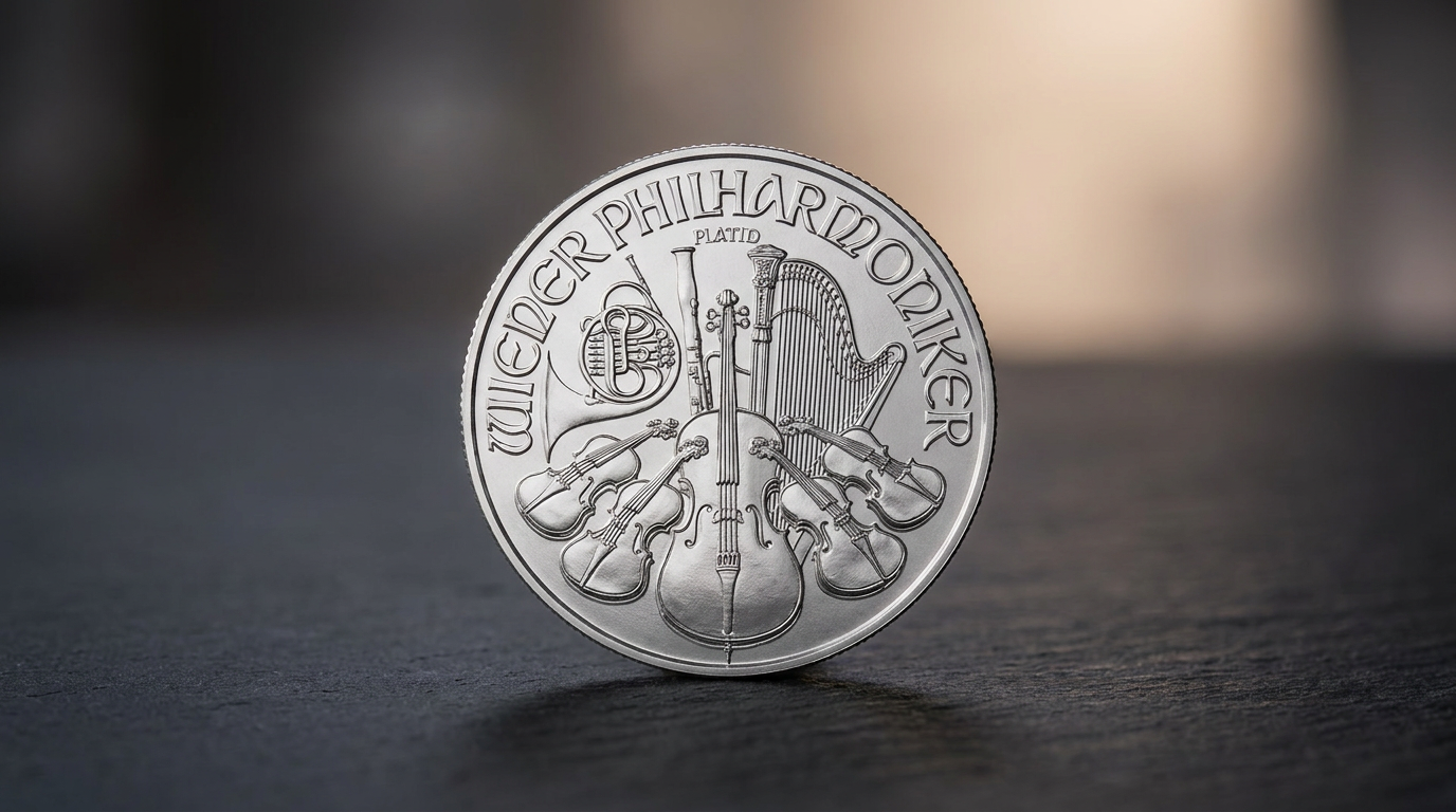 Platinmünze Wiener Philharmoniker auf dunkler Steinplatte