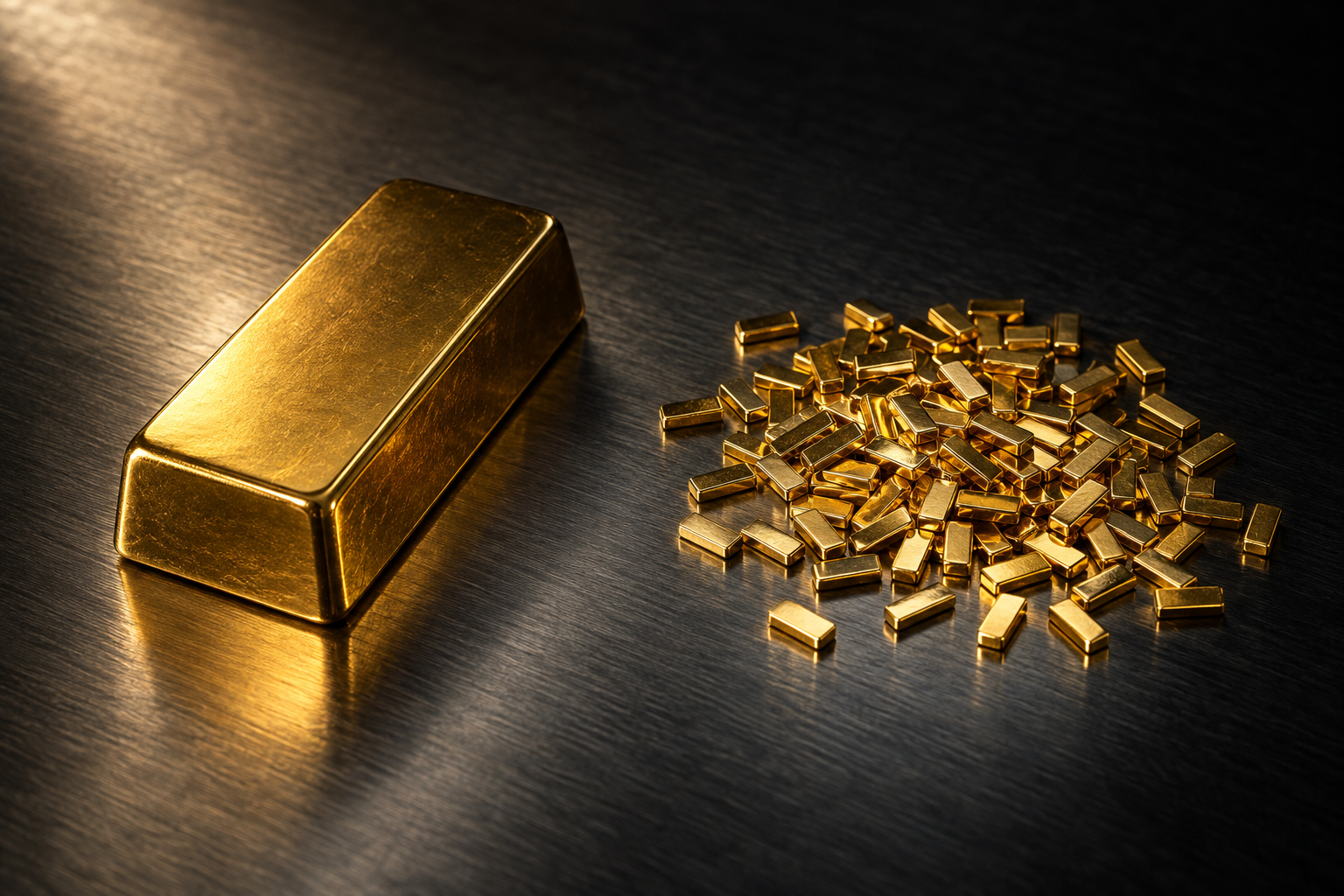 Ein einzelner größerer Goldbarren neben einem Haufen winziger Kleinstbarren auf dunkler Metallfläche
