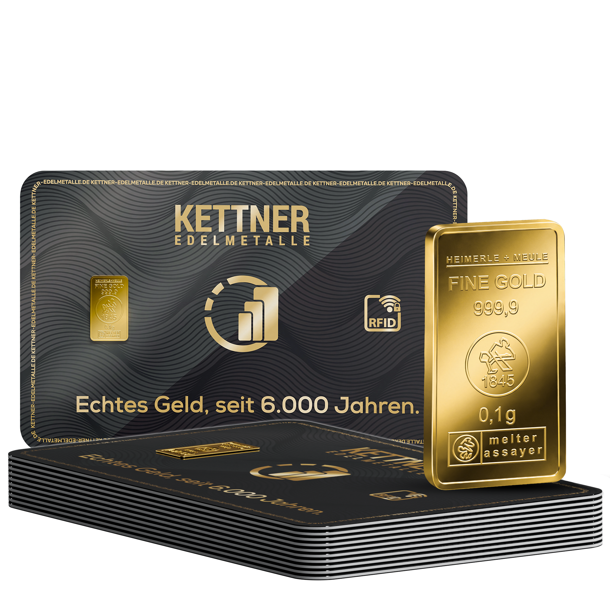 Mengenpaket mit zehn einzeln in Coincards verpackten 0,1-Gramm-Goldbarren von Heimerle und Meule