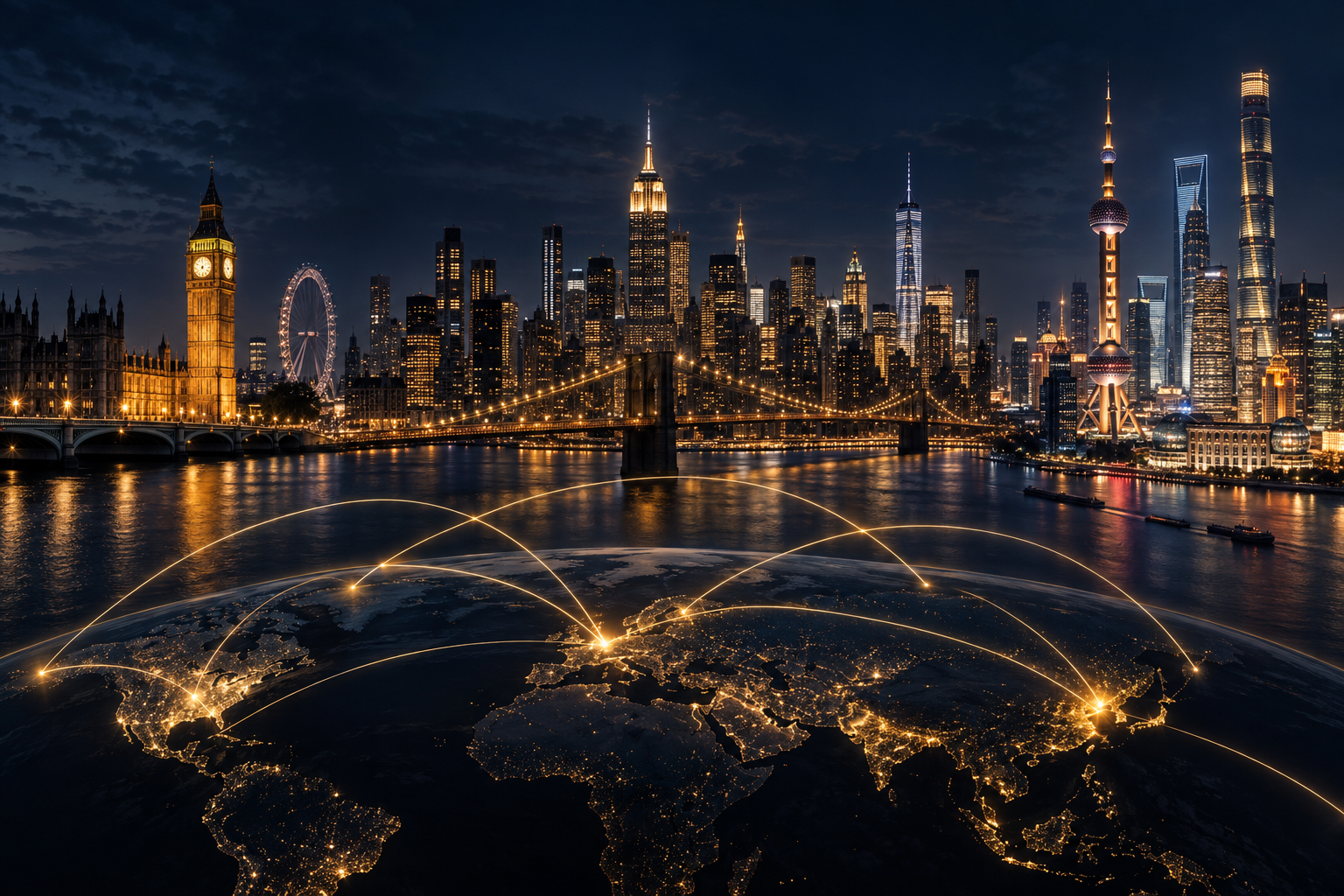 Nächtliche Skylines der Goldhandelsplätze London, New York und Shanghai, verbunden durch goldene Lichtspuren