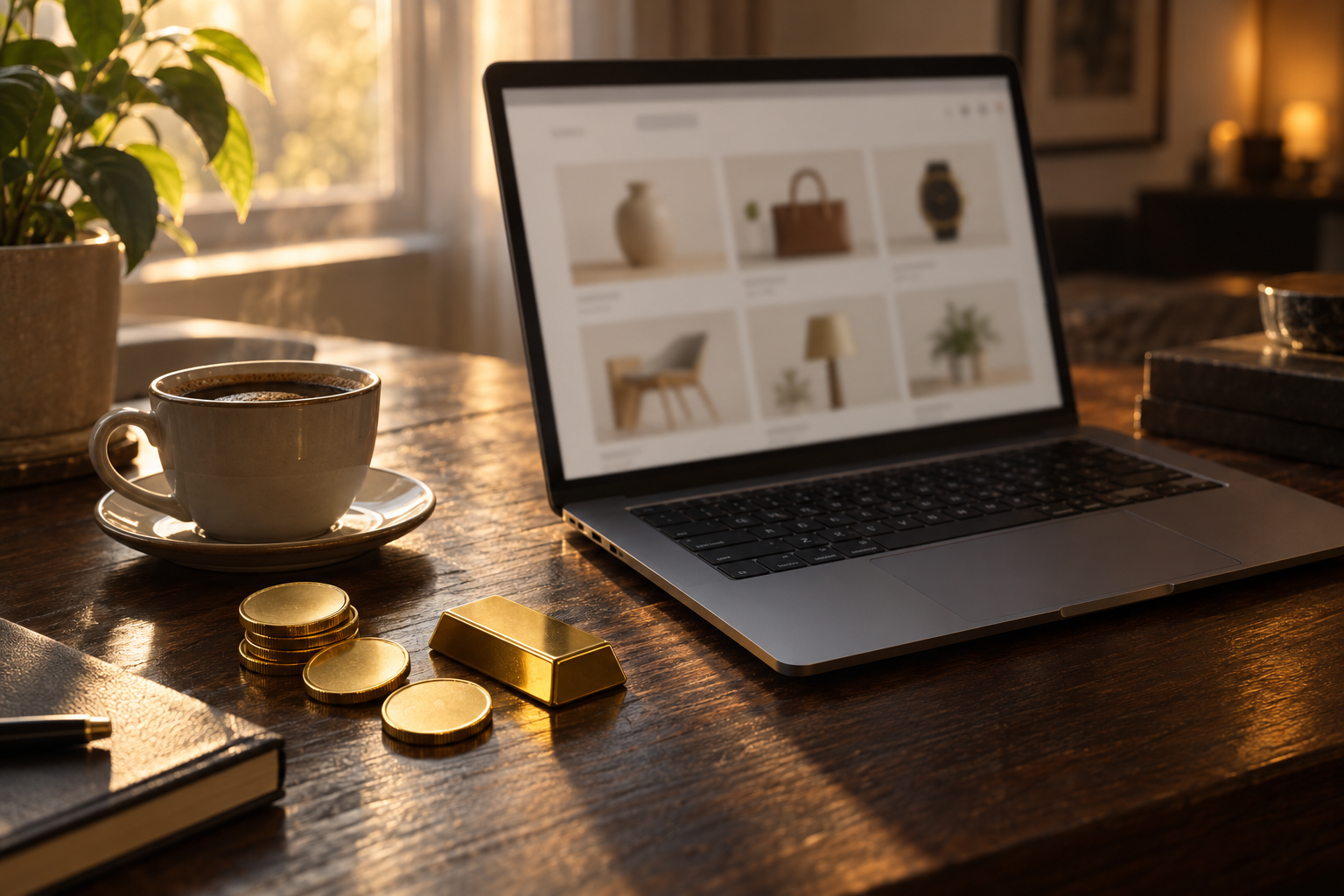 Laptop mit Online-Shop, Kaffeetasse und Goldmünzen auf einem Holztisch am Samstagmorgen