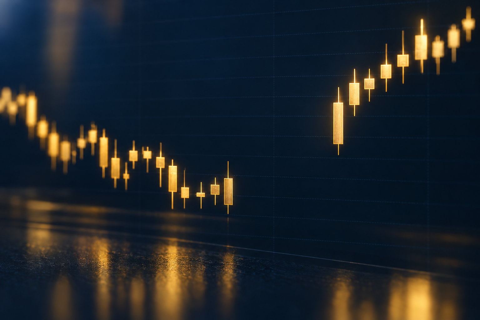 Abstrakter Kerzenchart in Gold mit sichtbarer Kurslücke zwischen Freitagsschluss und Montagseröffnung