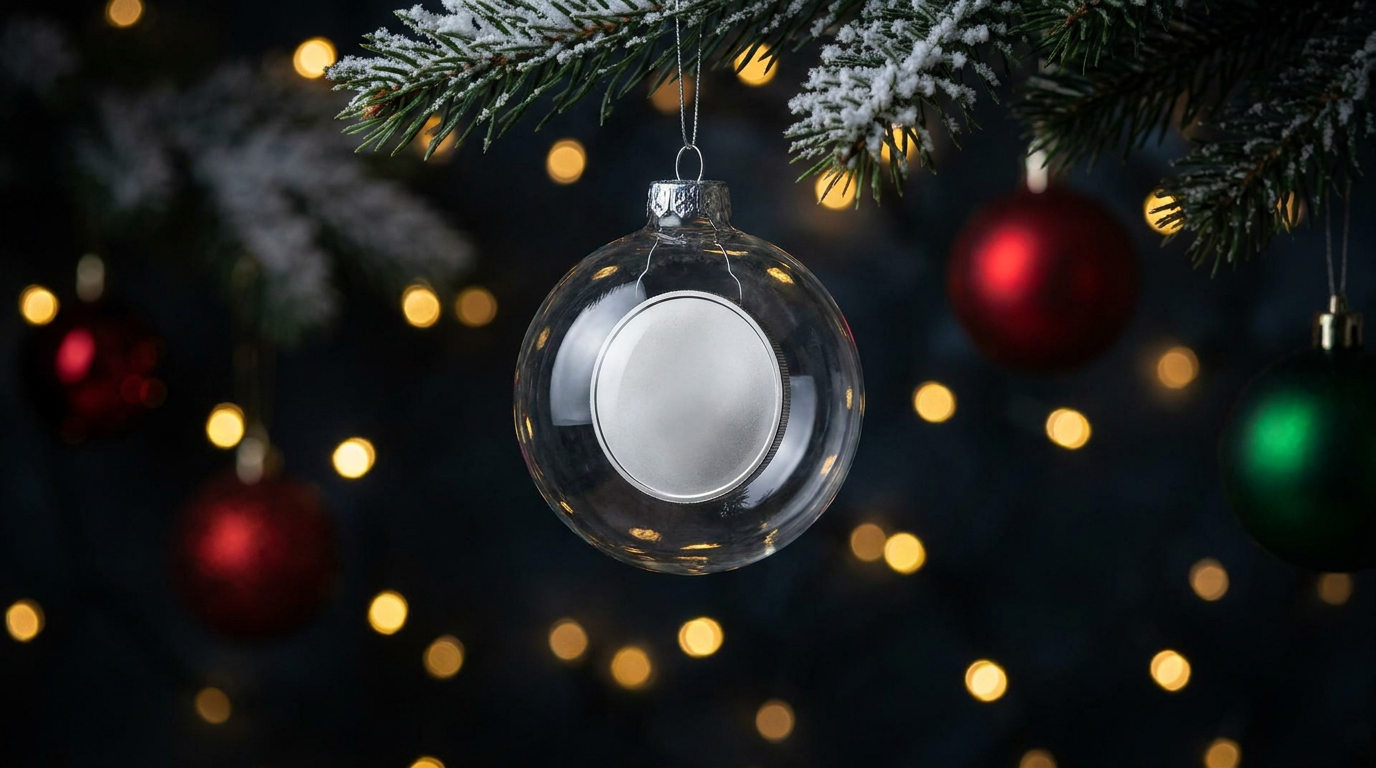 Silbermünze in kugelförmiger Kapsel hängt am geschmückten Weihnachtsbaum