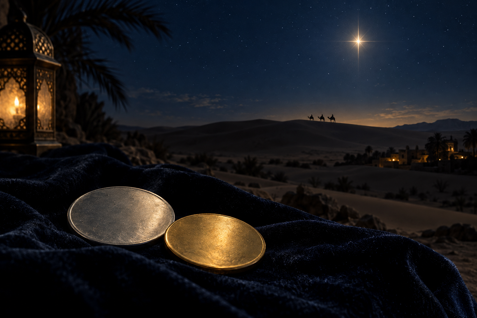 Heller Stern über Wüstendünen mit drei Kamel-Silhouetten, im Vordergrund eine Gold- und eine Silbermünze