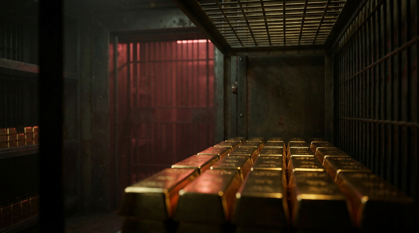 Gestapelte Goldbarren in einem dunklen Hochsicherheitstresor mit rötlichem Licht