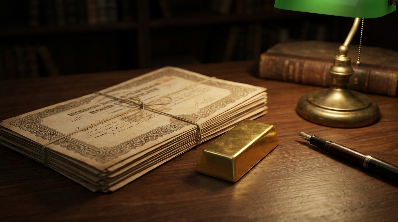 Ein Goldbarren neben einem Stapel Anleihe-Urkunden auf einem dunklen Schreibtisch