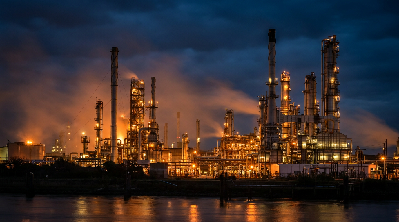 Beleuchteter Chemiepark mit Rohrleitungen und Kolonnen bei Nacht