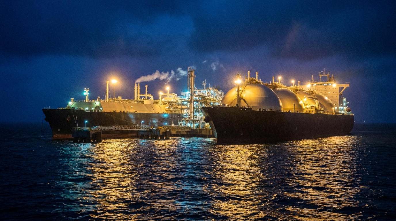 LNG-Tanker an einem schwimmenden Flüssiggas-Terminal bei Nacht