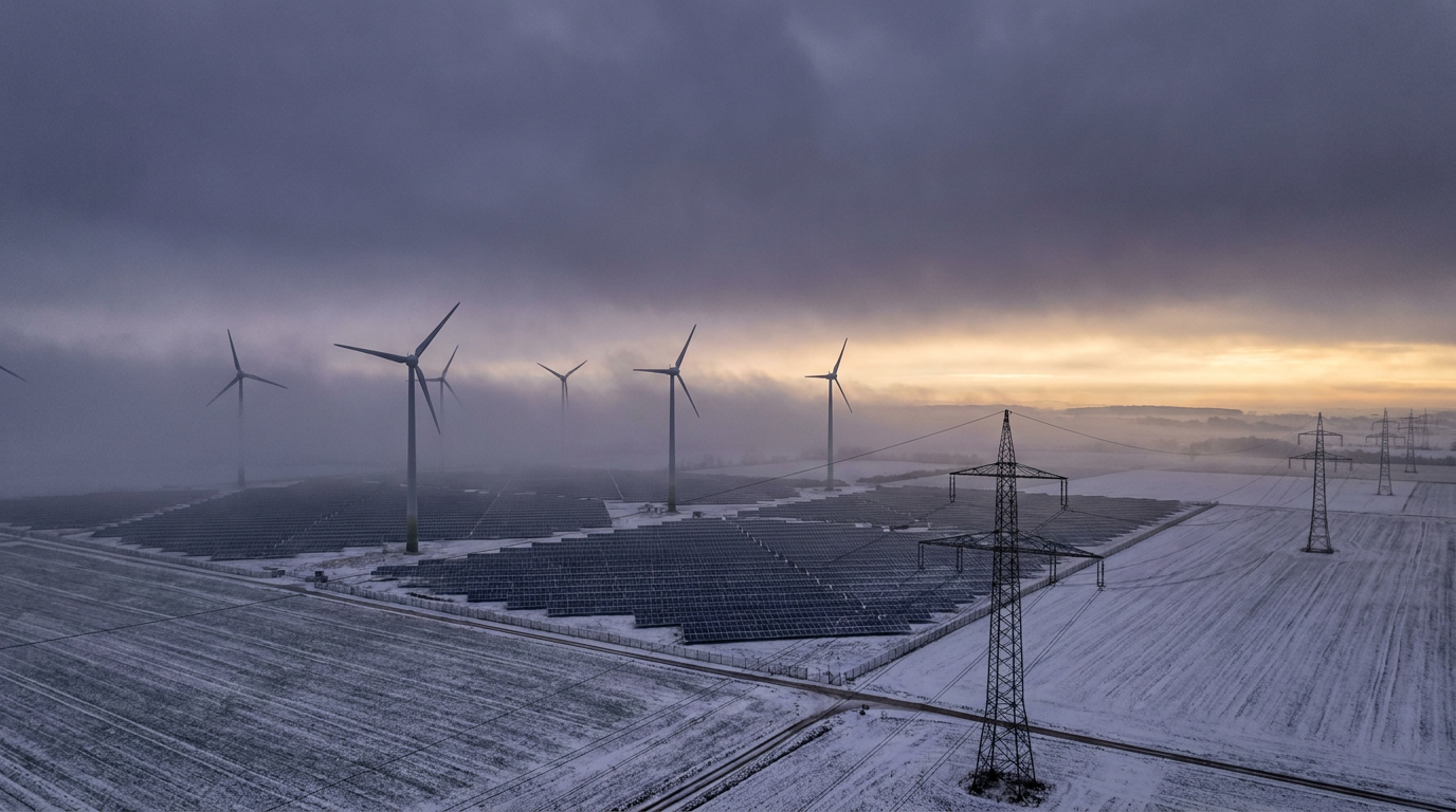 Stillstehende Windräder und Solarpark unter dunklem Winterhimmel bei Dunkelflaute
