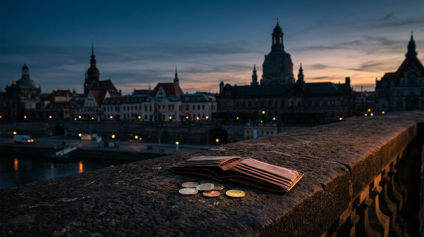 Offene Geldbörse mit wenigen Euromünzen vor einer abendlichen Stadtsilhouette mit Regierungsgebäude