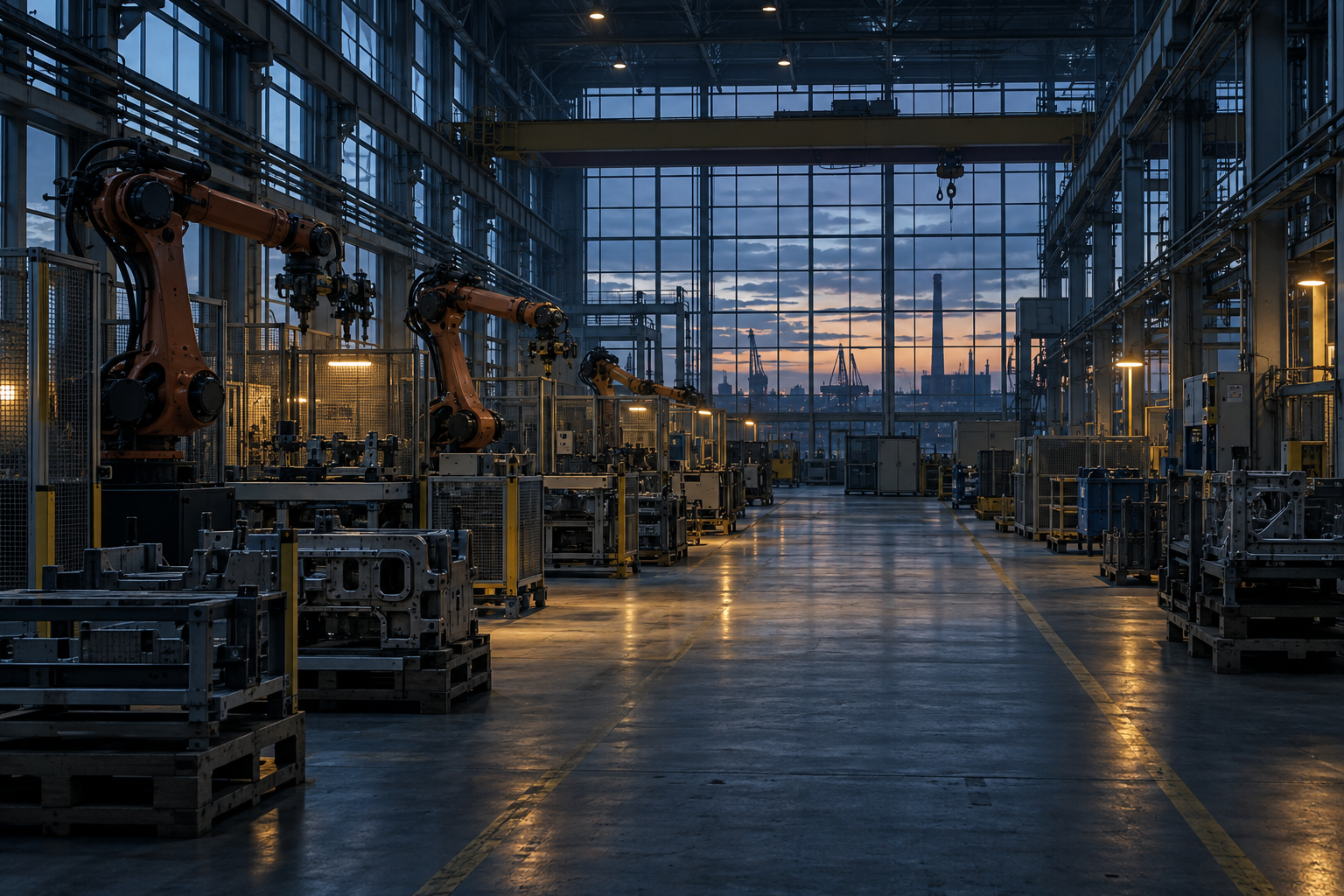 Ruhige Produktionshalle mit stillstehenden Maschinen und Roboterarmen in kühlem Abendlicht
