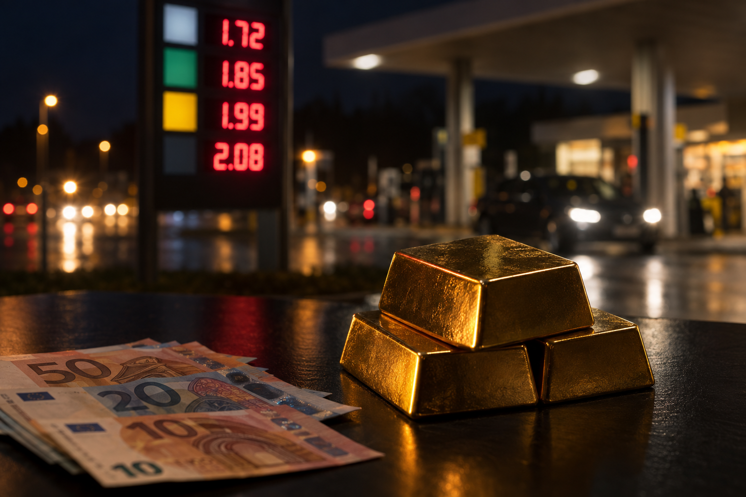Leuchtende Tankstellen-Preisanzeige bei Nacht, im Vordergrund Goldbarren ohne Prägung und Euro-Scheine