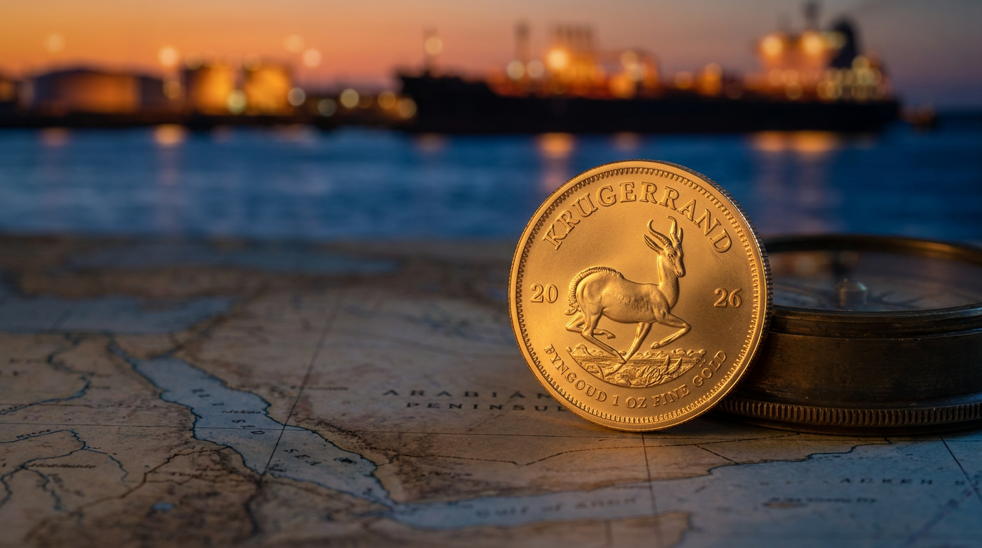 Goldmünze Krügerrand 1 Unze auf einer alten Seekarte des Roten Meeres, im Hintergrund die Lichter eines Ölhafens in der Dämmerung