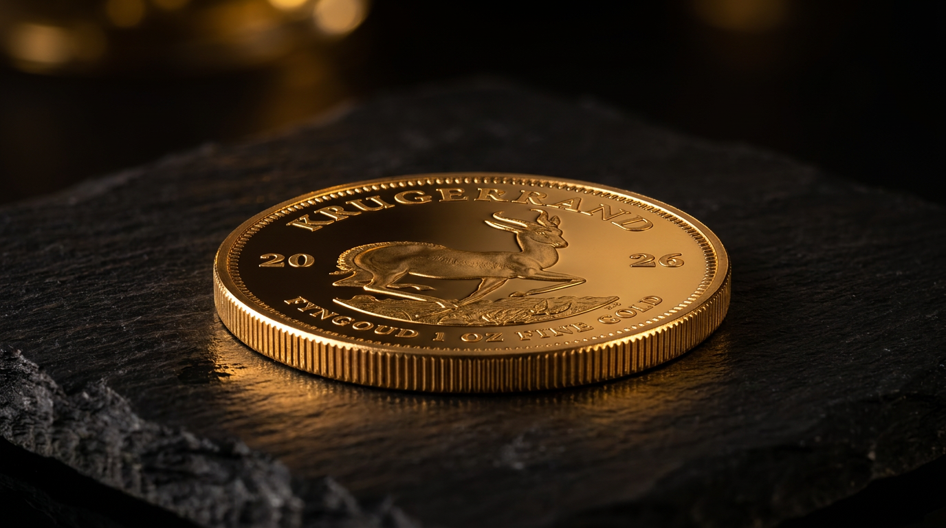 Goldmünze 1 Unze Krügerrand auf dunklem Schiefer im warmen Streiflicht