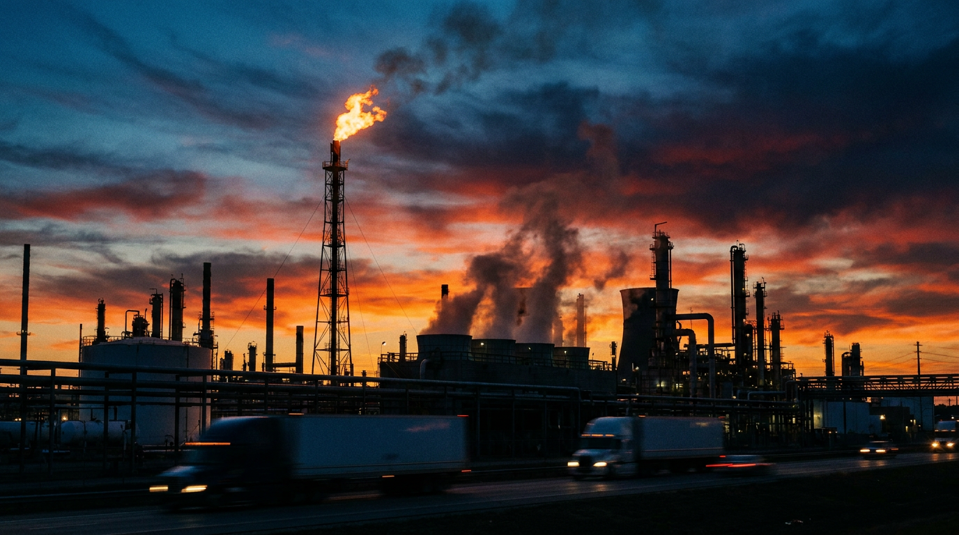 Ölraffinerie mit brennender Fackel in der Abenddämmerung, im Vordergrund fahrende Lkw