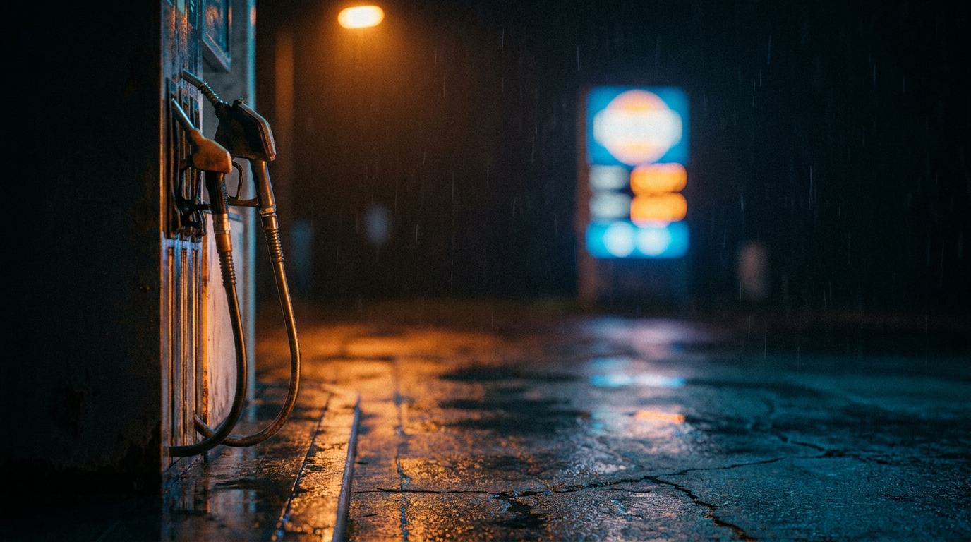 Menschenleere Tankstelle bei Nacht mit Zapfpistole im Vordergrund und unscharfer Preistafel