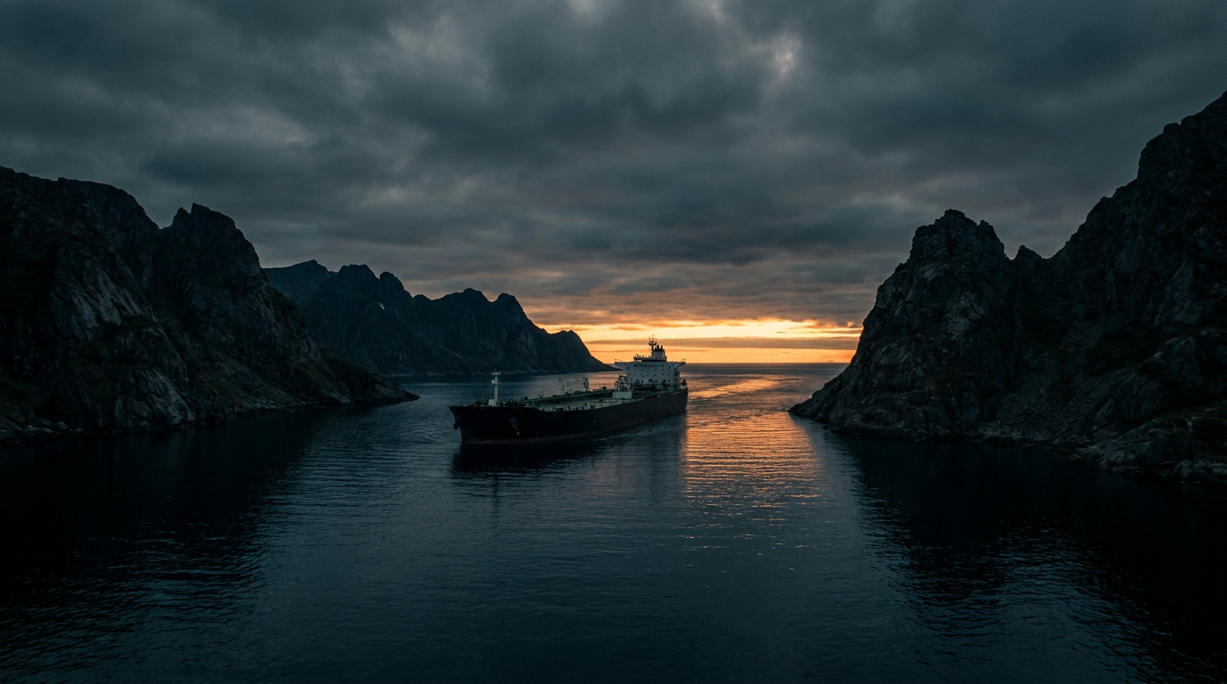 Rohöltanker passiert in der Abenddämmerung eine enge Meerenge