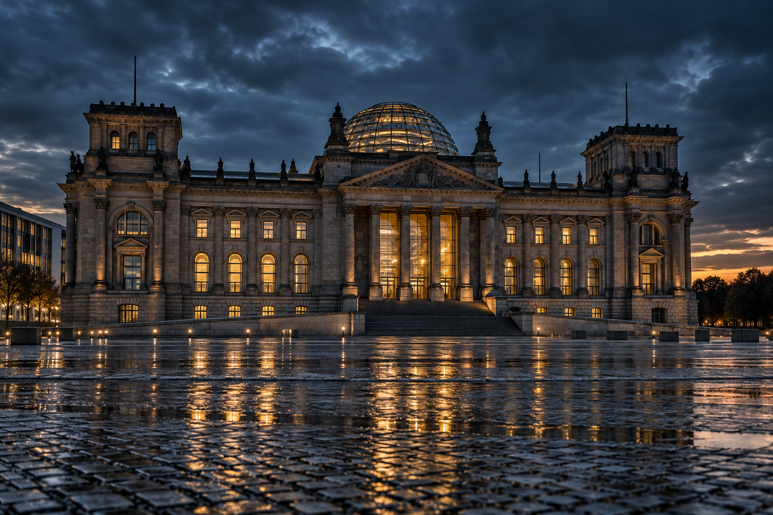 Reichstagsgebäude in Berlin mit beleuchteter Glaskuppel in der Abenddämmerung