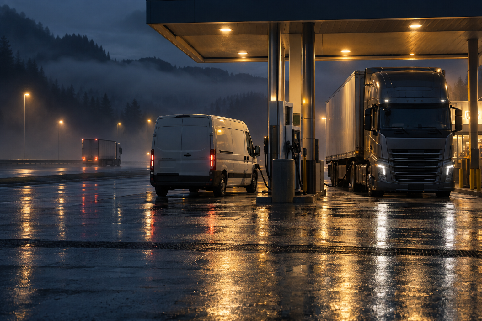 Handwerker-Transporter und Lastwagen tanken in der Morgendämmerung an einer Autohof-Tankstelle