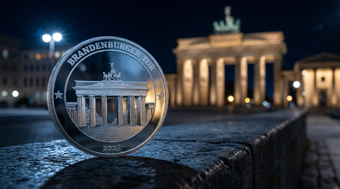 Silbermünze mit Motiv Brandenburger Tor auf einem Steinsims bei Nacht, im Hintergrund unscharf die Säulen eines Stadttores