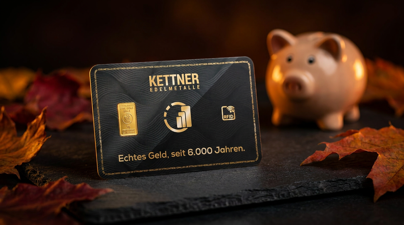 1-Gramm-Goldbarren von Heimerle und Meule auf dunklem Schiefer neben einem Sparschwein mit Herbstlaub