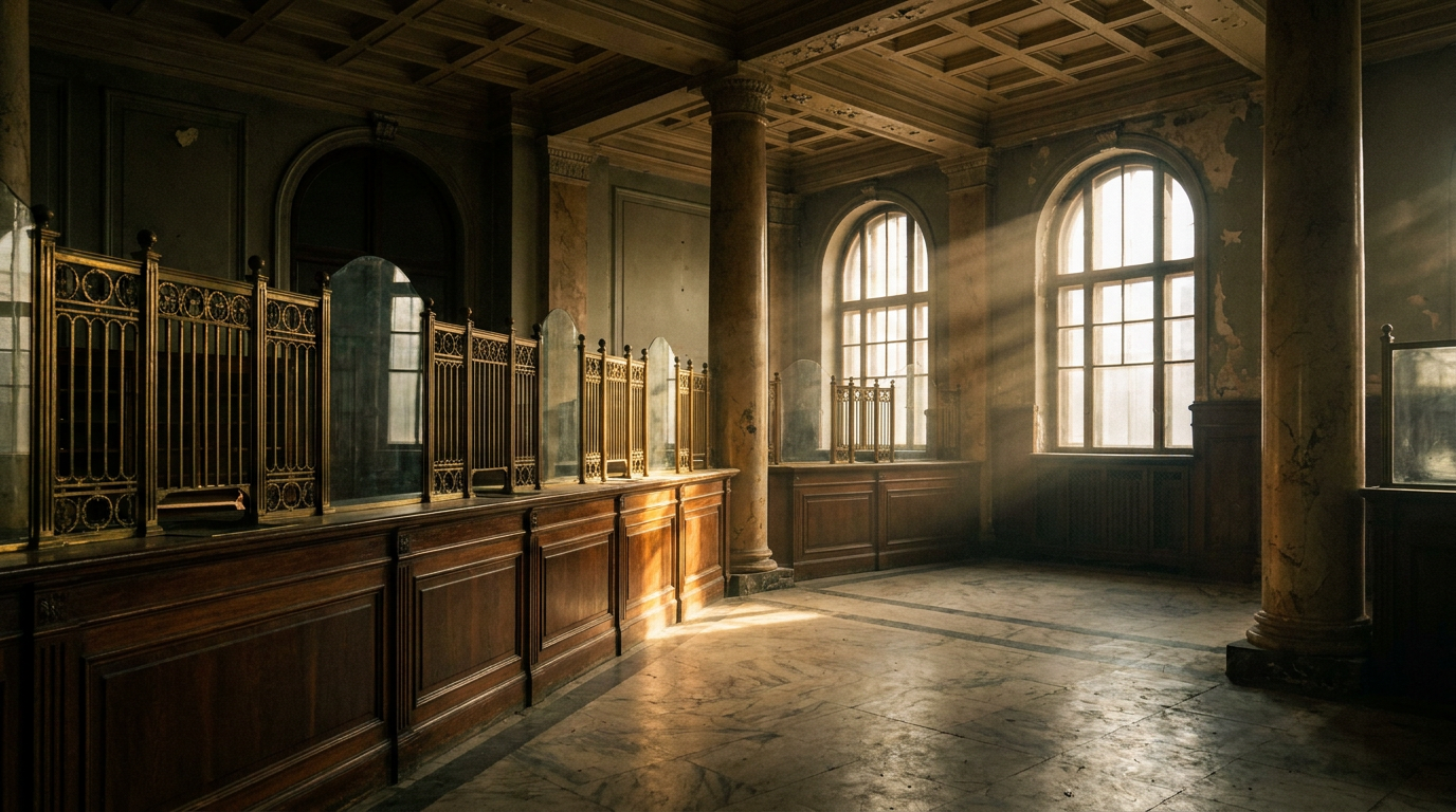 Leere Schalterhalle einer Sparkasse im Stil der 1920er-Jahre mit Holztresen und Messinggittern im Herbstlicht