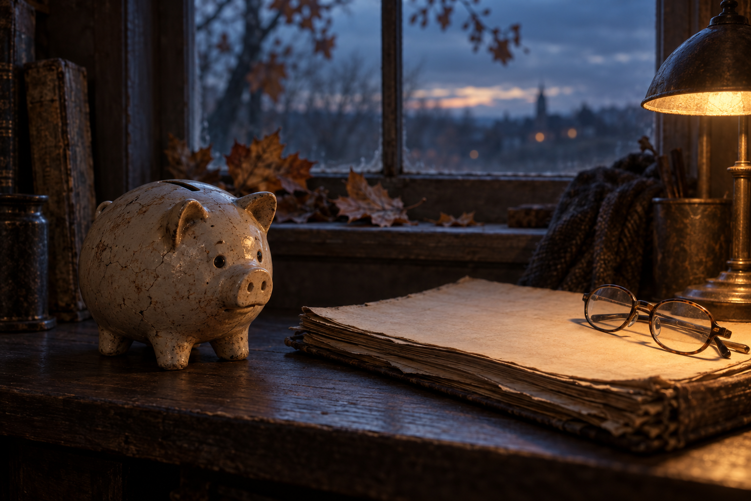 Leeres Sparschwein neben vergilbten Kontobuchseiten in herbstlicher Abendstimmung