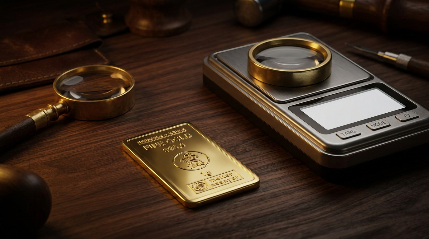 1-Gramm-Goldbarren von Heimerle und Meule auf dunklem Holztisch neben Feinwaage und Lupe