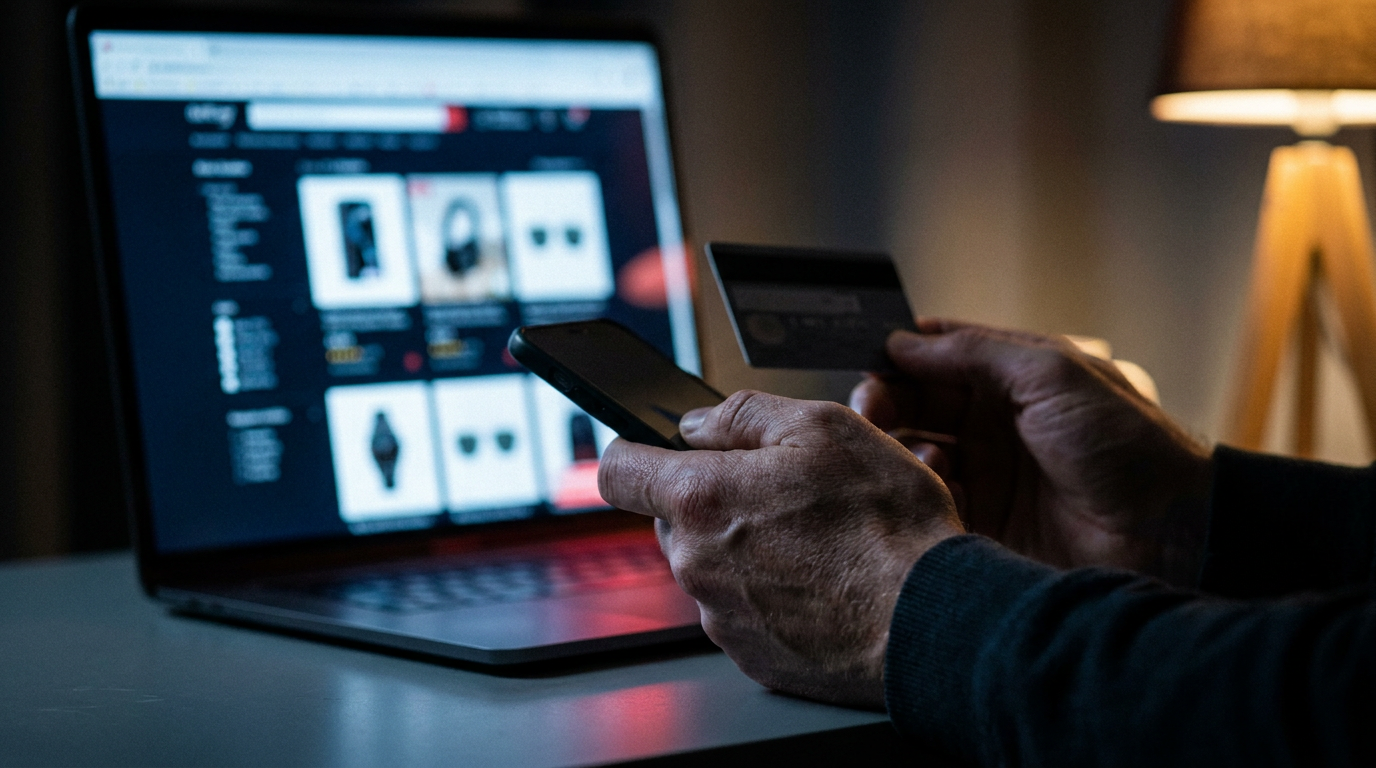 Hände mit Smartphone und Kreditkarte vor einem Laptop im Halbdunkel