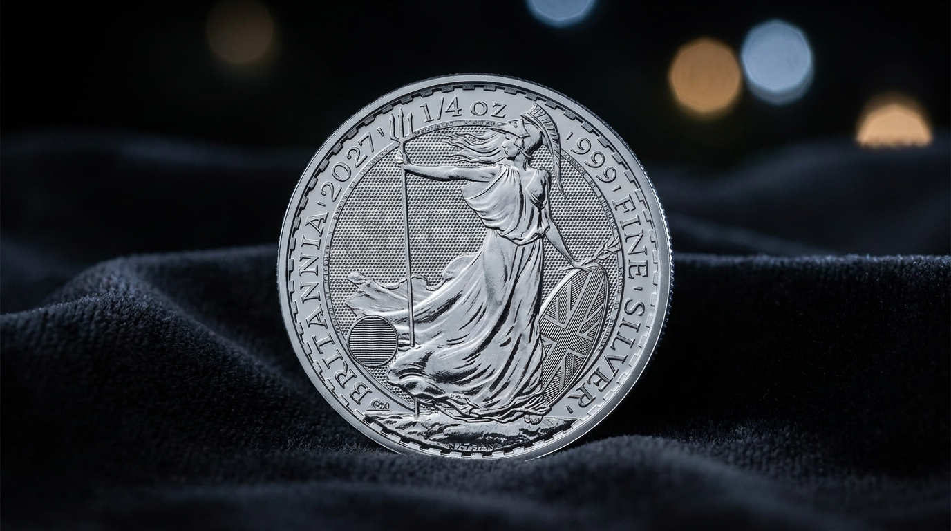 Silbermünze 1/4 Unze Britannia 2027 auf dunklem Samt im kühlen Streiflicht