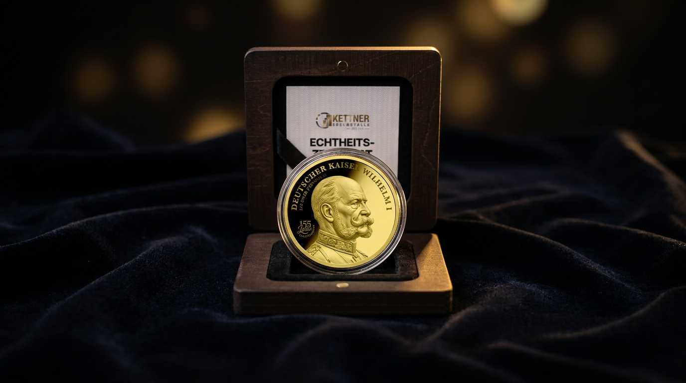 Goldmünze mit Kaiser Wilhelm I. zum Jubiläum 155 Jahre Goldwährung auf dunklem Samt