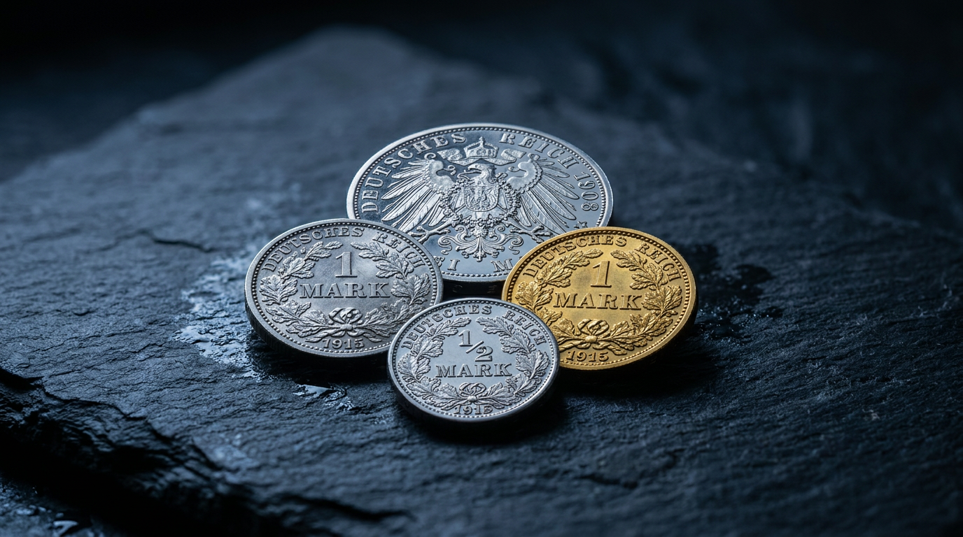 Silbermünzen des Deutschen Kaiserreichs zu ½, 1 und 3 Mark auf dunklem Schiefer