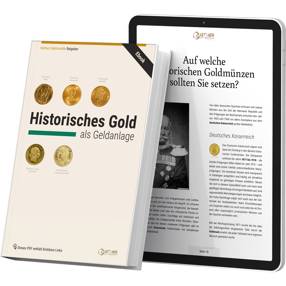 Cover des kostenlosen Ratgebers „Historisches Gold als Geldanlage“ von Kettner Edelmetalle
