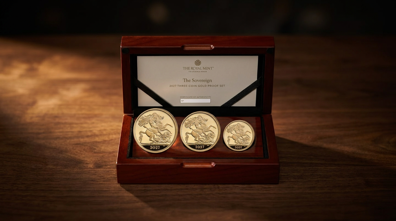 Sovereign 3er-Set 2027 in Polierter Platte im Originaletui auf dunklem Holztisch