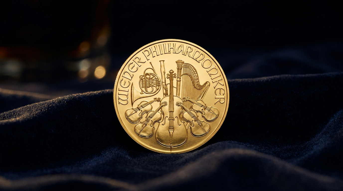 1/10 Unze Gold Wiener Philharmoniker 2026 auf dunkelblauem Samt im seitlichen Licht