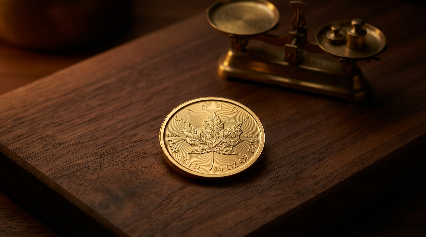 1/4 Unze Gold Maple Leaf 2026 auf dunklem Holz, im Hintergrund eine Feinwaage