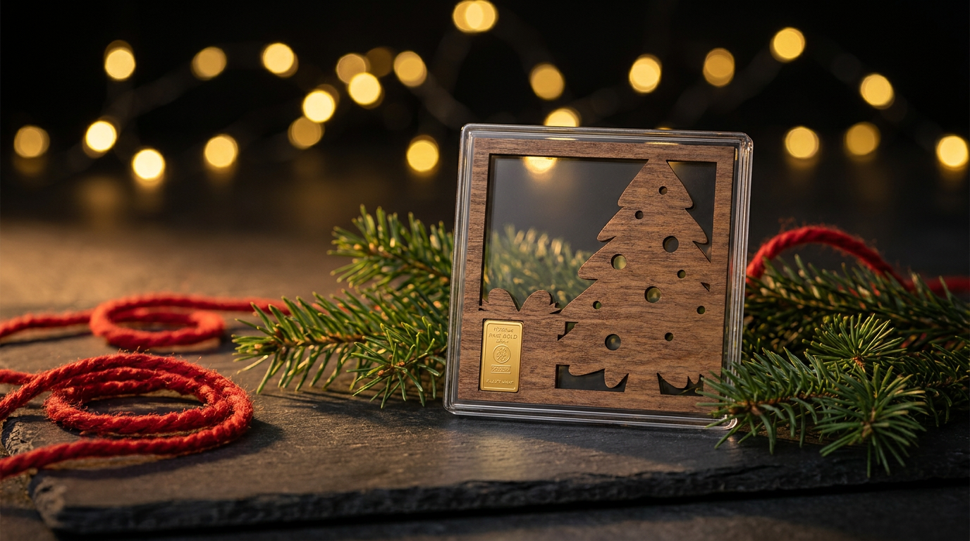 Goldbarren 1/200 Unze mit Tannenbaum-Motiv auf dunklem Schiefer zwischen Tannenzweigen