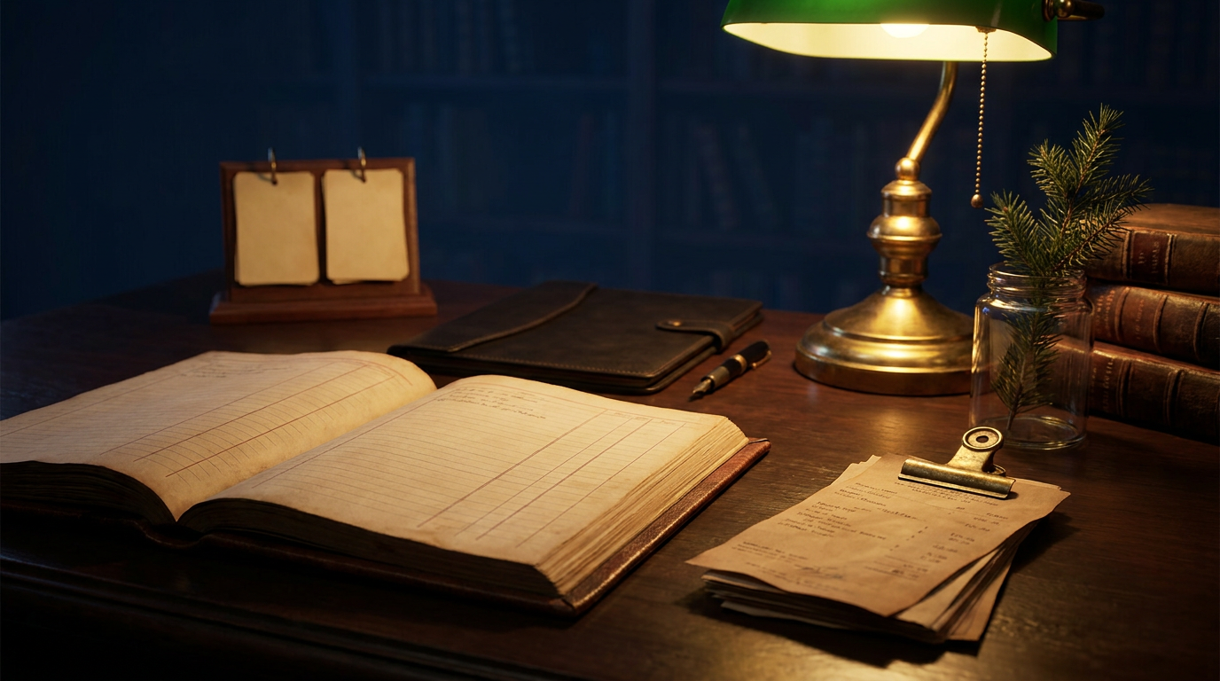 Dunkler Schreibtisch mit Kassenbuch, Belegen und Messinglampe als Symbol für die Aufzeichnungspflicht bei Geschenken