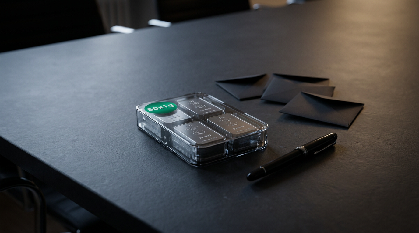 UnityBox mit 50 Silberbarren zu je 1 Gramm auf einem dunklen Konferenztisch