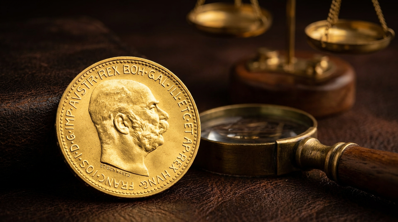 Österreichische 20 Kronen Goldmünze auf dunklem Leder, im Hintergrund Lupe und Feinwaage