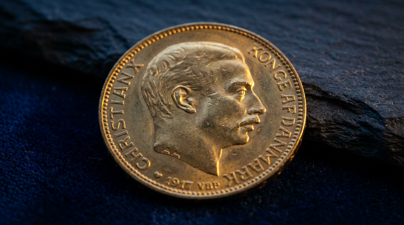 Dänische 20 Kronen Goldmünze mit Porträt König Christian X. auf dunklem Untergrund