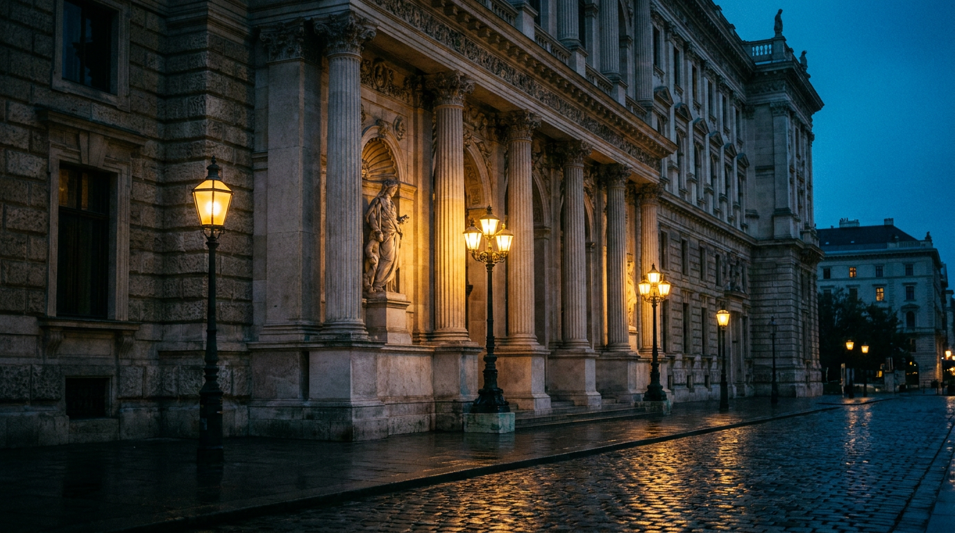Historische Wiener Prachtfassade im Stil der Ringstraße in der Abenddämmerung mit leuchtenden Laternen