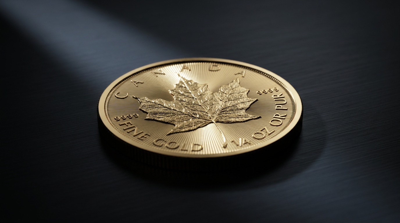Goldmünze Maple Leaf 2026 im Streiflicht, die feinen Radiallinien im Münzgrund schimmern