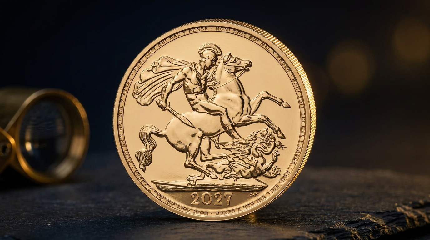 Goldmünze Sovereign 2027 im seitlichen Streiflicht auf dunklem Schiefer, daneben eine Juwelierlupe