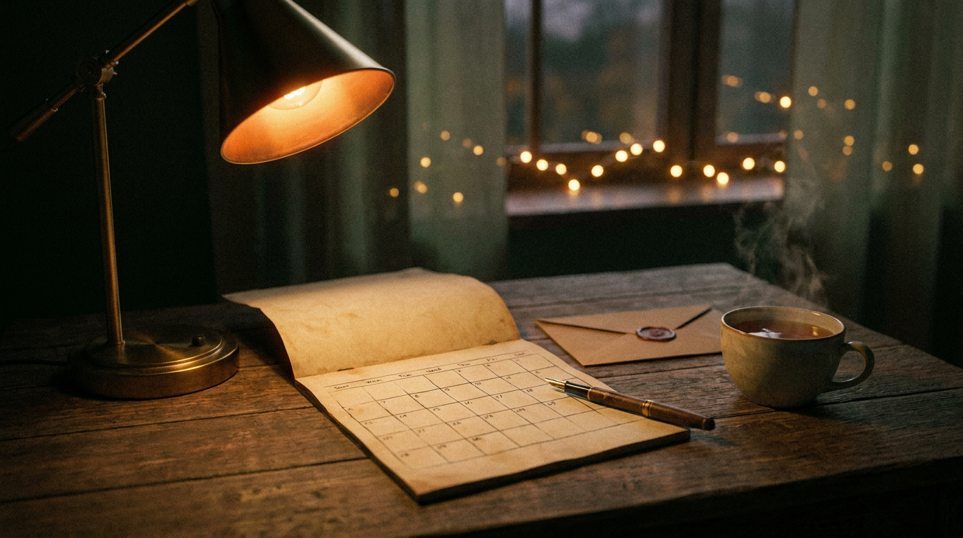 Schreibtisch mit Kalender, Füller und Briefumschlag im warmen Licht einer Messinglampe