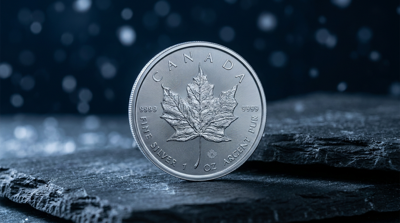 Silbermünze Maple Leaf zu einer Unze auf dunklem Schiefer im kühlen Winterlicht
