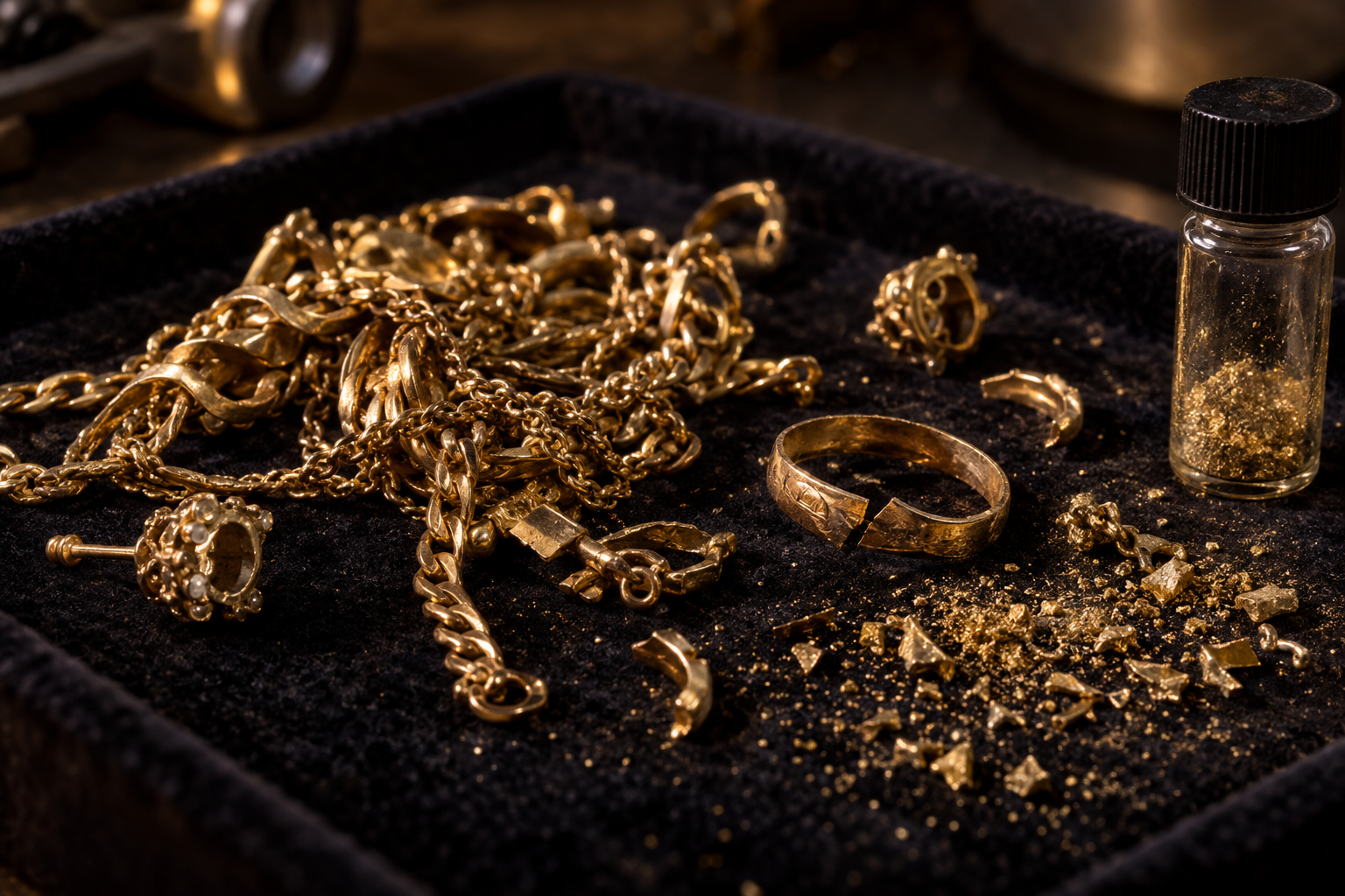 Alter Goldschmuck, Ketten und Goldfeilspäne auf dunklem Samt