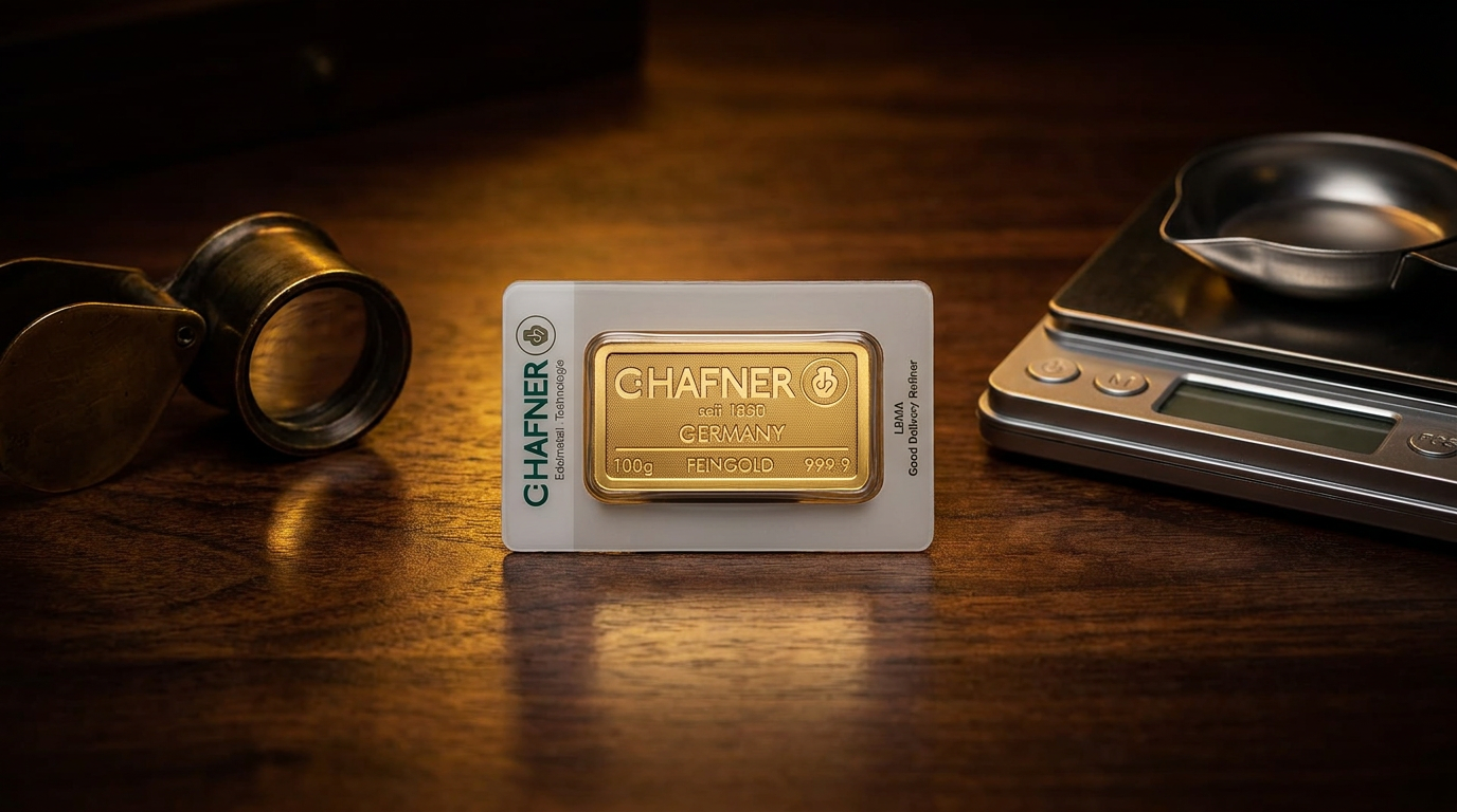 100-g-Goldbarren von C. Hafner neben Lupe und Feinwaage
