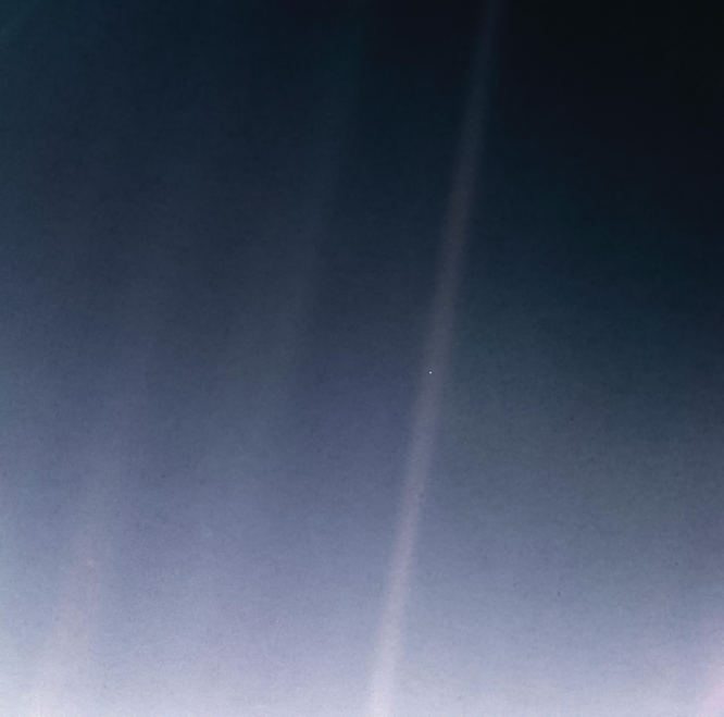 A dark image with streaks of scattered sunlight; in one streak, Earth appears as a tiny bright dot